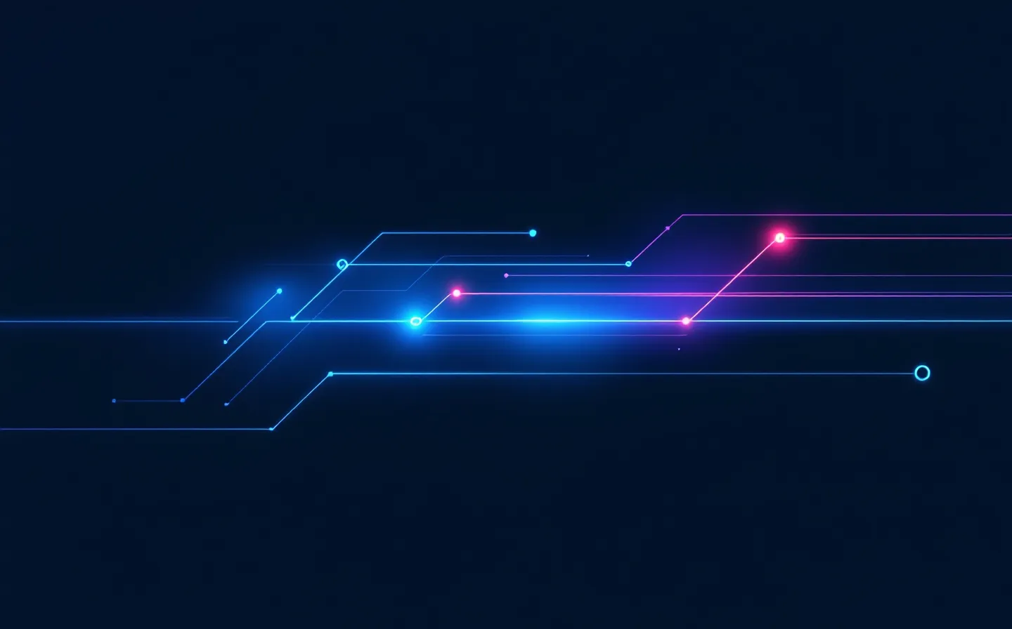 Dark trading-terminal schematic of two peptide constituent channels (cyan and violet) converging on a shared tissue-repair node, with a neon ticker-line carrying up-green and down-red evidence ticks, on a deep blue-violet ground